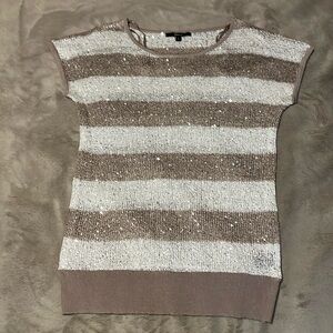 Cream and Taupe wide strips cap sleeve sweater with sequin size small